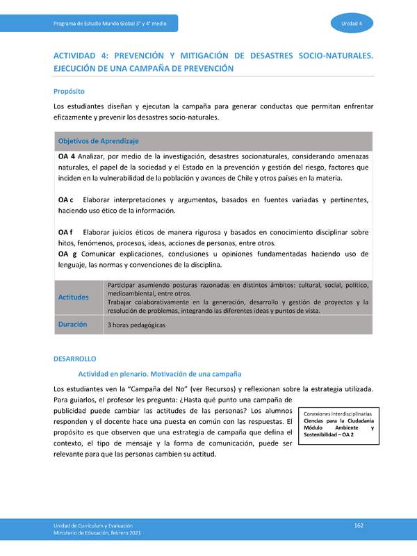 Actividad 4: Prevención y mitigación de desastres socionaturales. Ejecución de una campaña de prevención