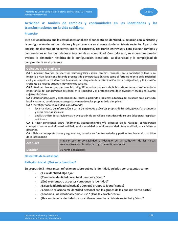 Actividad 4: Análisis de cambios y continuidades en las identidades y las transformaciones en la vida cotidiana