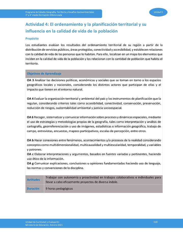 Actividad 4: El ordenamiento y la planificación territorial y su influencia la calidad de vida de la población