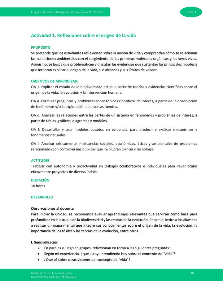 Actividad 1: Reflexiones sobre el origen de la vida