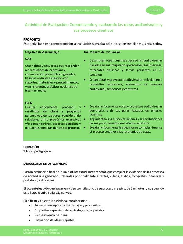 Actividad de evaluación: Comunicando y evaluando las obras audiovisuales y sus procesos creativos