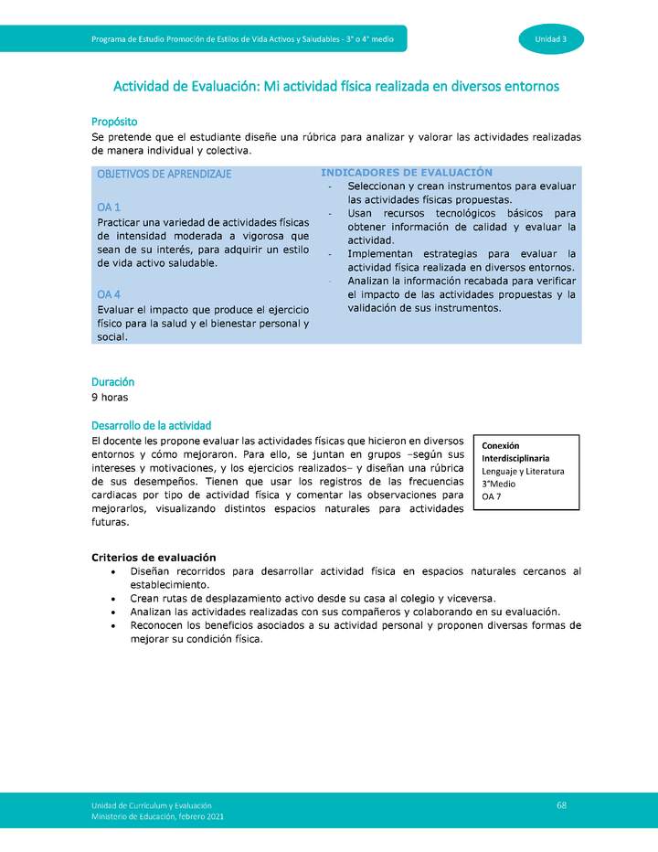 Actividad de evaluación Unidad 3: Mi actividad física realizada en diversos entornos