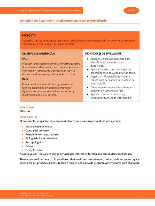 Actividad de Evaluación: Analicemos un texto especializado