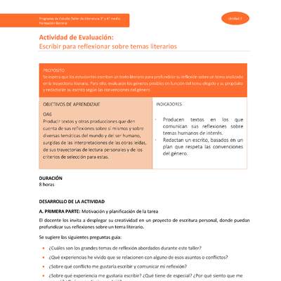 Actividad de Evaluación: Escribir para reflexionar sobre temas literarios