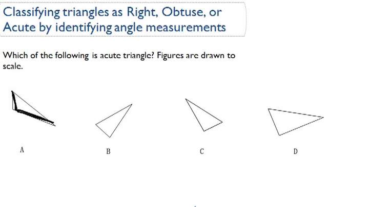 Clasificación de triángulos como rectos, obtusos o agudos mediante la identificación de medidas de ángulo