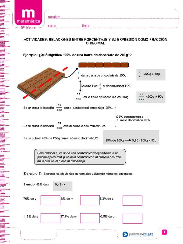 Relaciones entre porcentaje y su expresión como fracción o decimal