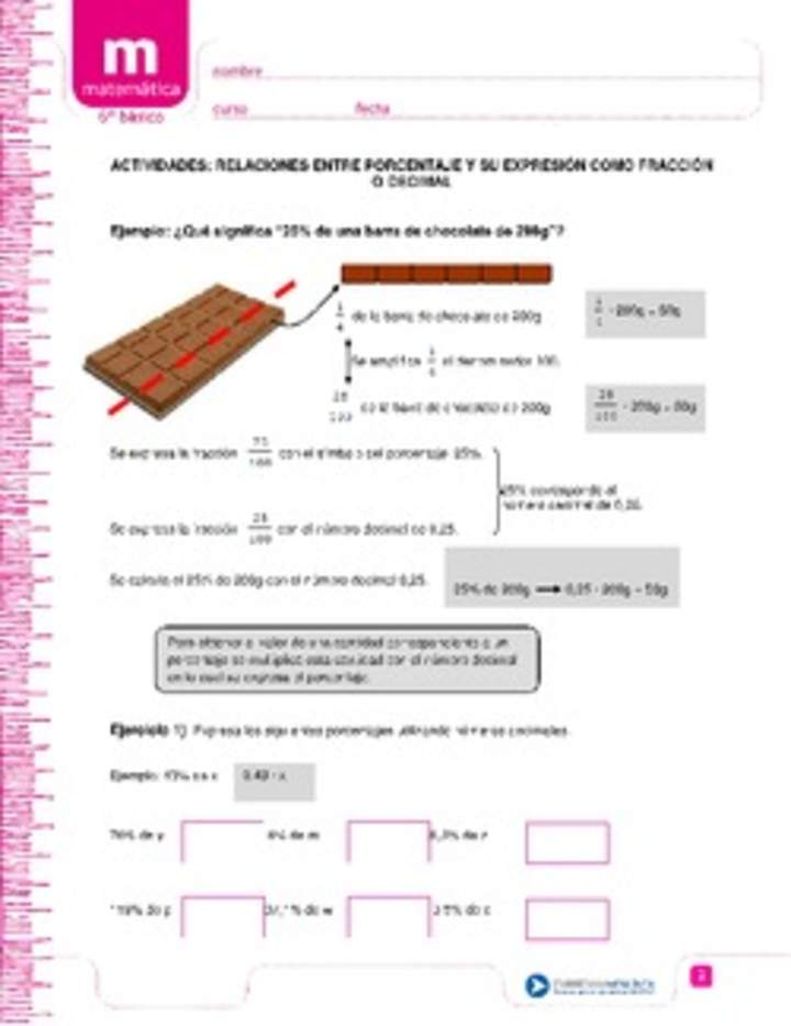 Relaciones entre porcentaje y su expresión como fracción o decimal