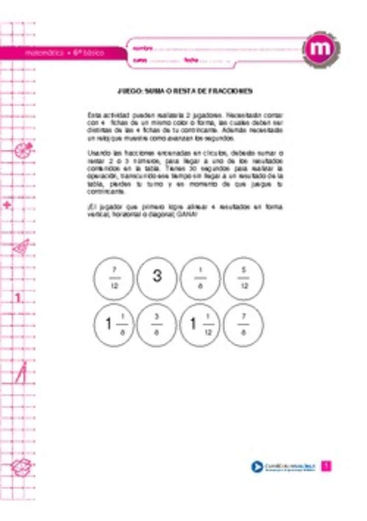 Juego: suma o resta de fracciones