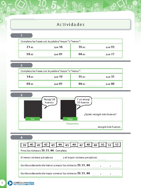 Actividades comparar y ordenar cifras