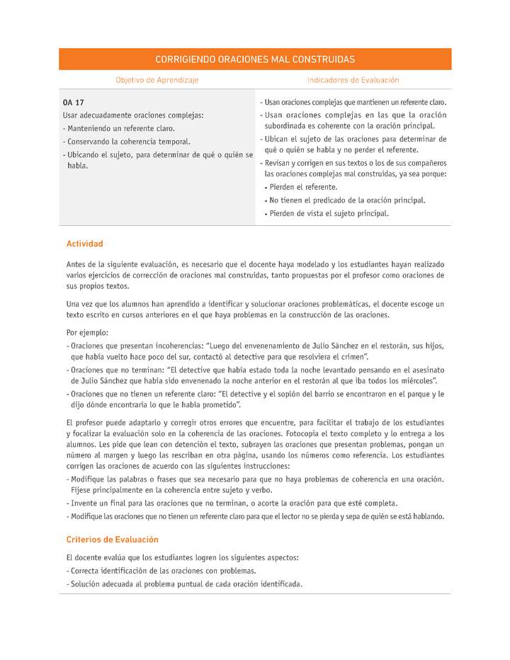 Evaluación Programas - LE08 OA17 - U3 - CORRIGIENDO ORACIONES MAL CONSTRUIDAS