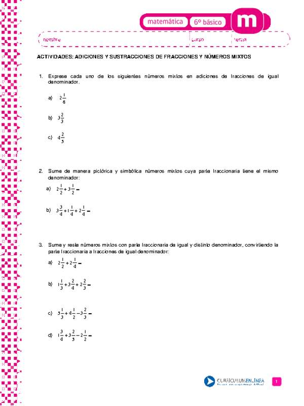 Adiciones y sustracciones de fracciones y números mixtos