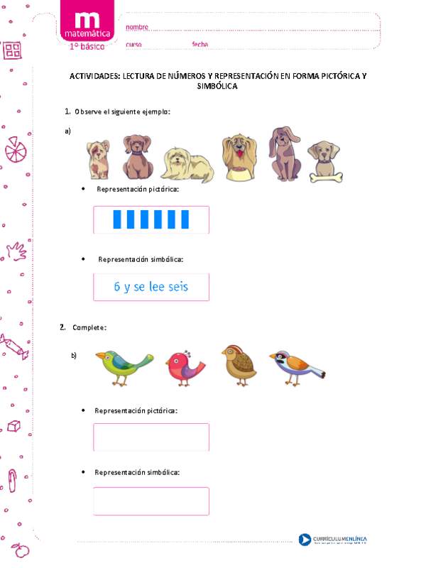 Lectura de números y representación en forma pictórica y simbólica