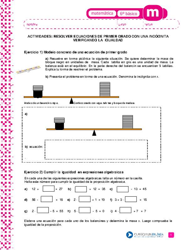 Resolver ecuaciones de primer grado con una incógnita verificando la igualdad