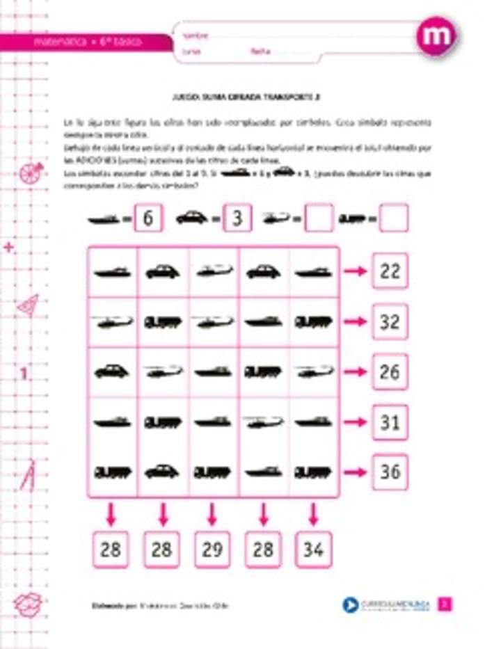 Juego: suma cifrada transporte 3