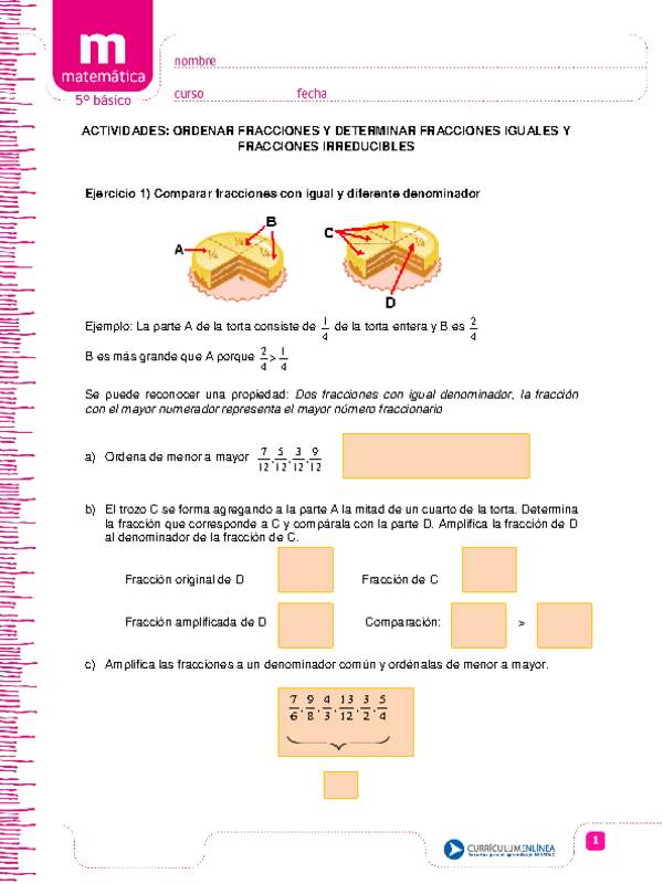 Ordenar fracciones y determinar fracciones iguales y fracciones irreducibles