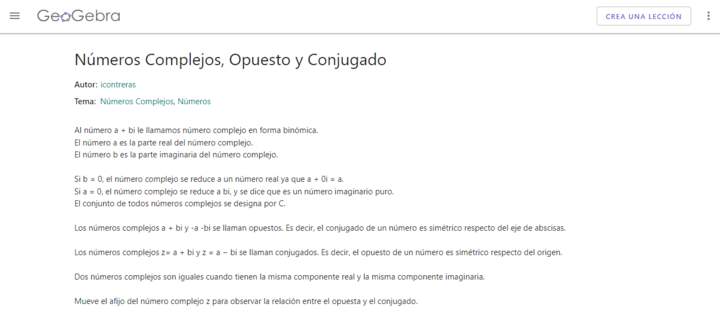 Geogebra: Números Complejos, Opuesto y Conjugado