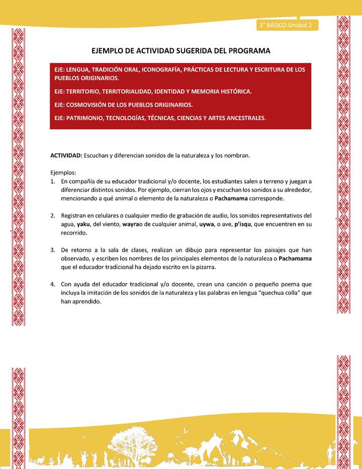 Actividad sugerida: LC01 - Colla - U2 - N°1: Escuchan y diferencian sonidos de la naturaleza y los nombran.