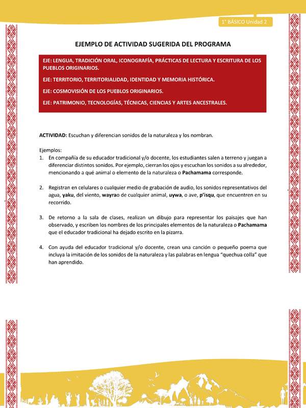 Actividad sugerida: LC01 - Colla - U2 - N°1: Escuchan y diferencian sonidos de la naturaleza y los nombran.