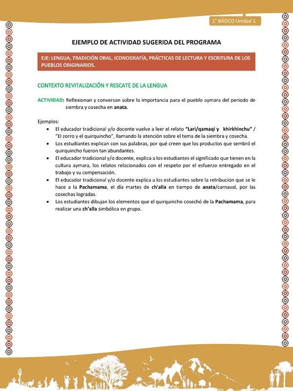 Actividad sugerida LC01 - Aymara - U02 - N°03: Reflexionan y conversan sobre la importancia para el pueblo aymara del periodo de siembra y cosecha en anata