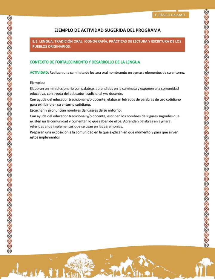 Actividad sugerida LC01 - Aymara - U04 - N°06: Realizan una caminata de lectura oral nombrando en aymara elementos de su entorno