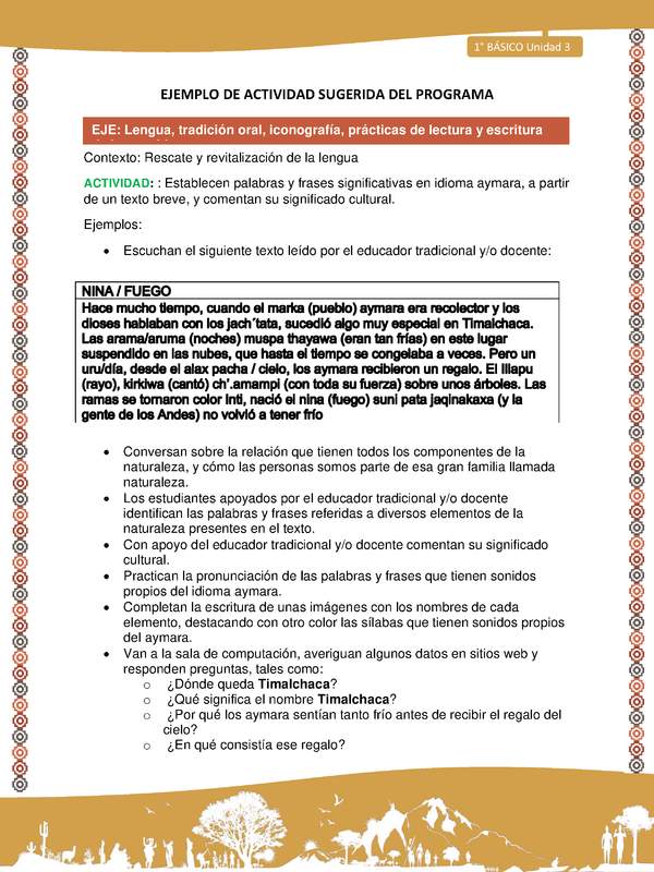 Actividad sugerida LC01 - Aymara - U03 - N°07: Establecen palabras y frases significativas en idioma aymara, a partir de un texto breve, y comentan su significado cultural.l