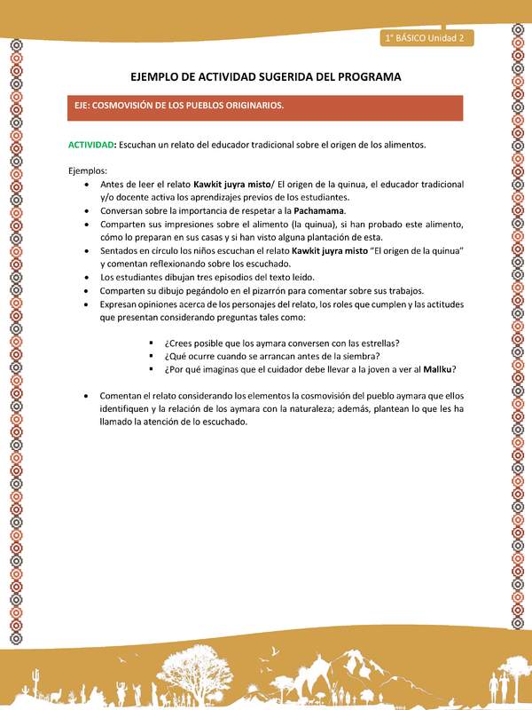 Actividad sugerida LC01 - Aymara - U02 - N°15:  Escuchan un relato del educador tradicional sobre el origen de los alimentos