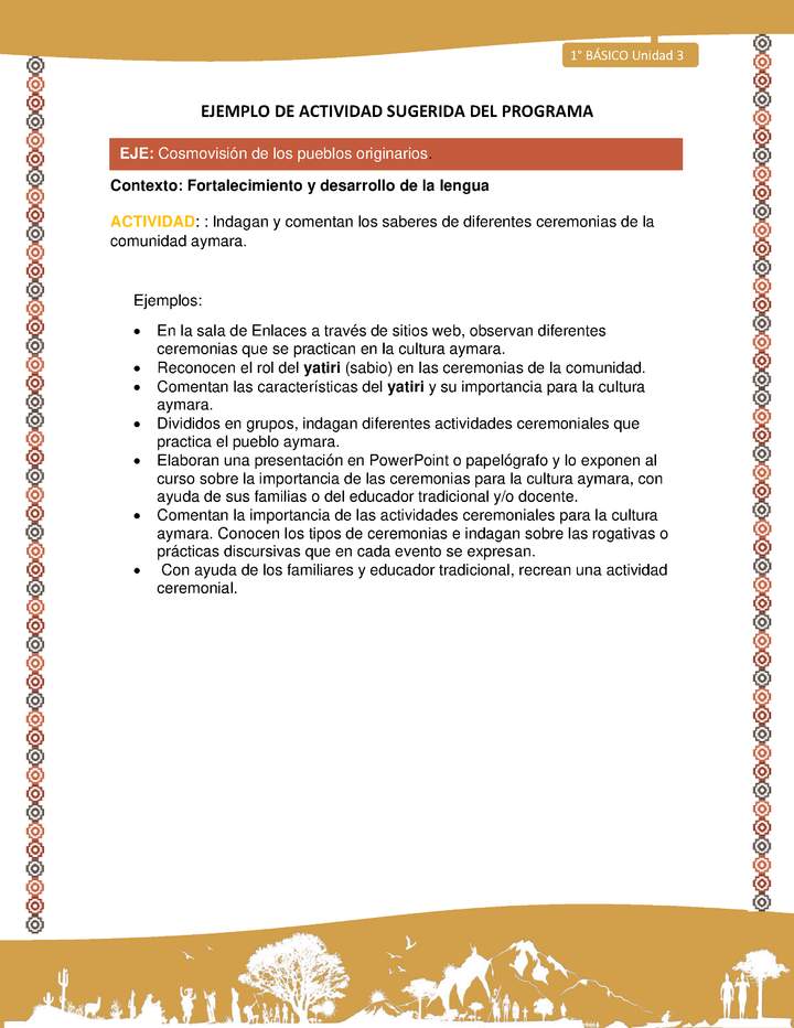 Actividad sugerida LC01 - Aymara - U03 - N°14:  Indagan y comentan los saberes de diferentes ceremonias de la comunidad aymara