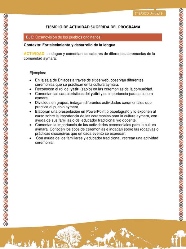 Actividad sugerida LC01 - Aymara - U03 - N°14:  Indagan y comentan los saberes de diferentes ceremonias de la comunidad aymara