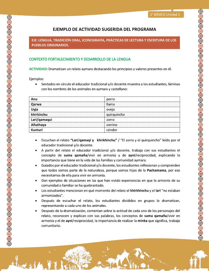 Actividad sugerida LC01 - Aymara - U01 - N°9: Dramatizan un relato aymara destacando los principios y valores presentes en él