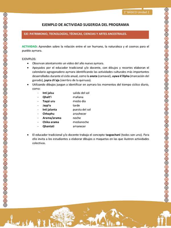 Actividad sugerida LC01 - Aymara - U02 - N°30: Aprenden sobre la relación entre el ser humano, la naturaleza y el cosmos para el pueblo aymara