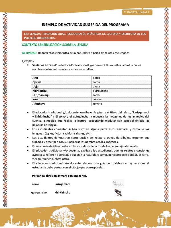 Actividad sugerida LC01 - Aymara - U01 - N°1: : Representan elementos de la naturaleza a partir de relatos escuchados.