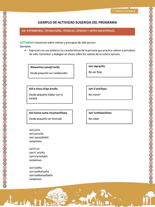 Actividad sugerida LC01 - Aymara - U04 - N°12: Conversan sobre valores y principios de vida aymara