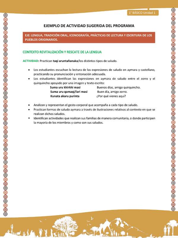 Actividad sugerida LC01 - Aymara - U01 - N°5: Practican taqi aruntañanaka/los distintos tipos de saludo.