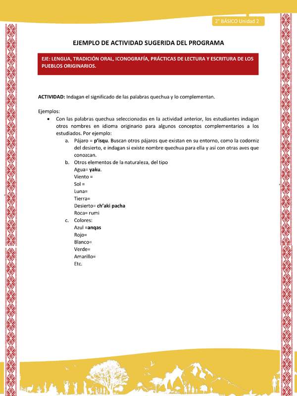 Actividad sugerida: LC02 - Colla - U2 - N°3: Indagan el significado de las palabras quechua y lo complementan.
