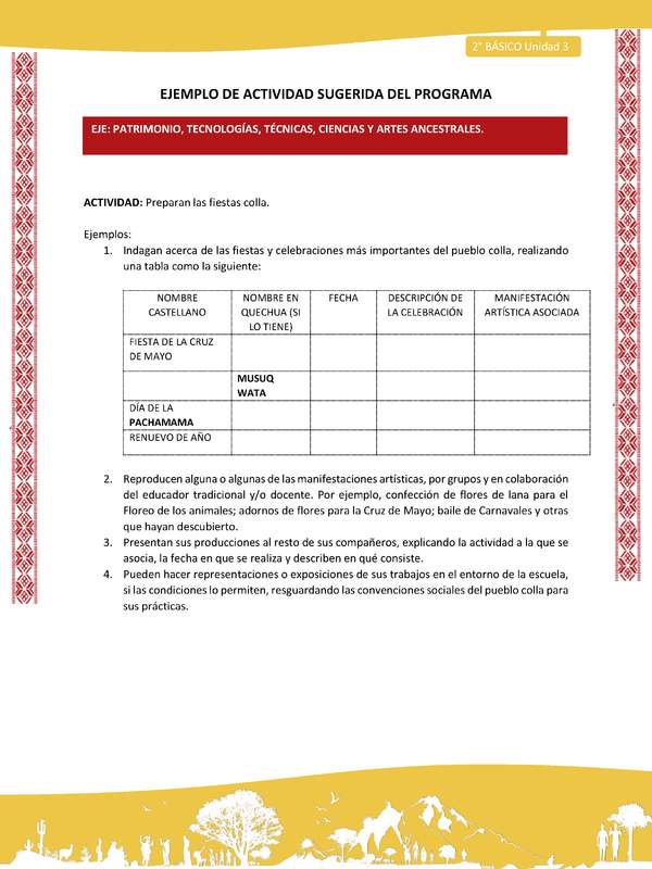 Actividad sugerida: LC02 - Colla - U3 - N°7: Preparan las fiestas colla.