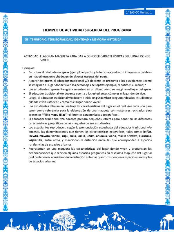 Actividad sugerida: LC01 - Mapuche - U1 - N°7: ELABORAN MAQUETA PARA DAR A CONOCER CARACTERÍSTICAS DEL LUGAR DONDE VIVEN.