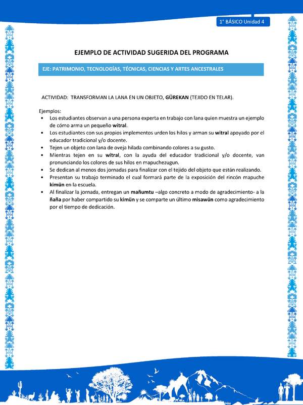 Actividad sugerida: LC01 - Mapuche - U4 - N°8: TRANSFORMAN LA LANA EN UN OBJETO, GÜREKAN (TEJIDO EN TELAR).