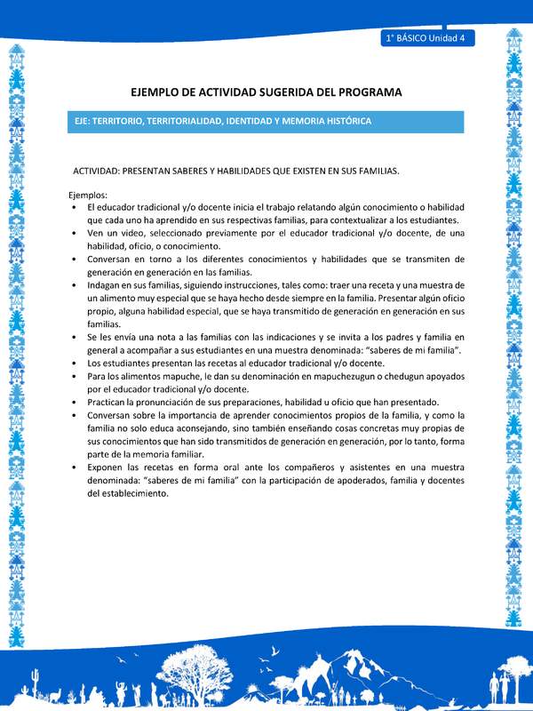 Actividad sugerida: LC01 - Mapuche - U4 - N°4: PRESENTAN SABERES Y HABILIDADES QUE EXISTEN EN SUS FAMILIAS.