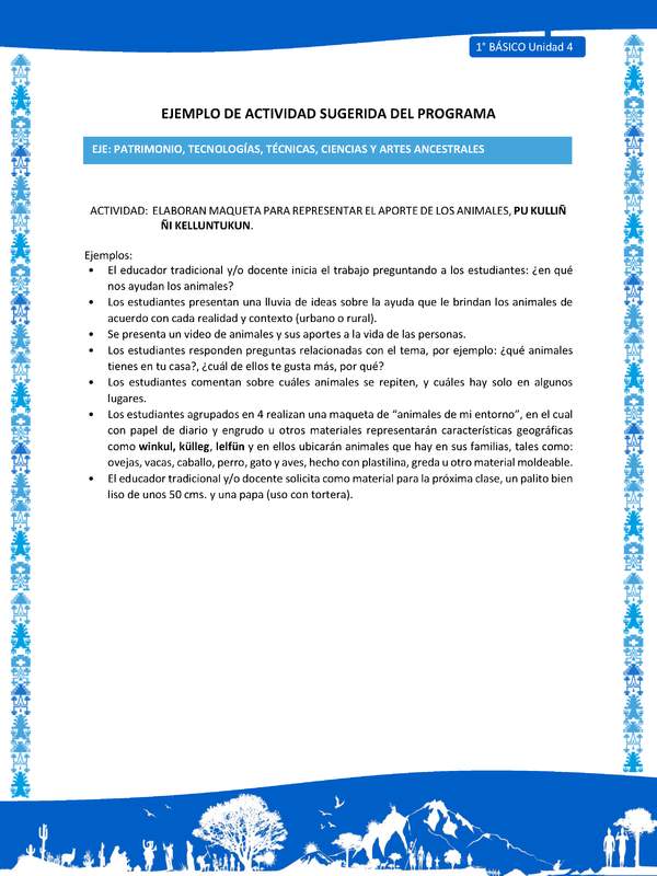 Actividad sugerida: LC01 - Mapuche - U4 - N°6: ELABORAN MAQUETA PARA REPRESENTAR EL APORTE DE LOS ANIMALES, PU KULLIÑ ÑI KELLUNTUKUN.