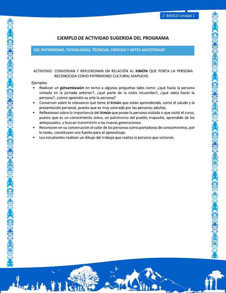 Actividad sugerida: LC01 - Mapuche - U1 - N°12: CONVERSAN Y REFLEXIONAN EN RELACIÓN AL KIMÜN QUE PORTA LA PERSONA RECONOCIDA COMO PATRIMONIO CULTURAL MAPUCHE.