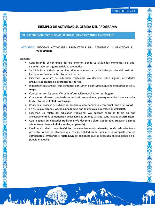 Actividad sugerida: LC02 - Mapuche - U4 - N°6:INDAGAN ACTIVIDADES PRODUCTIVAS DEL TERRITORIO Y PRACTICAN EL TXAFKINTUN.