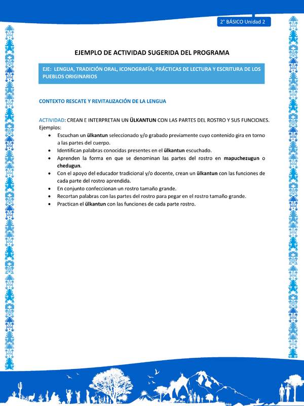 Actividad sugerida: LC02 - Mapuche - U2 - N°2:CREAN E INTERPRETAN UN ÜLKANTUN CON LAS PARTES DEL ROSTRO Y SUS FUNCIONES