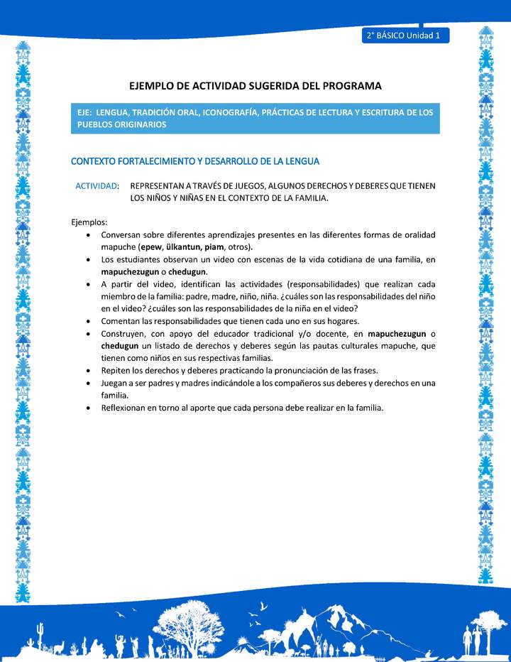 Actividad sugerida: LC02 - Mapuche - U1 - N°3: REPRESENTAN A TRAVÉS DE JUEGOS, ALGUNOS DERECHOS Y DEBERES QUE TIENEN LOS NIÑOS Y NIÑAS EN EL CONTEXTO DE LA FAMILIA.