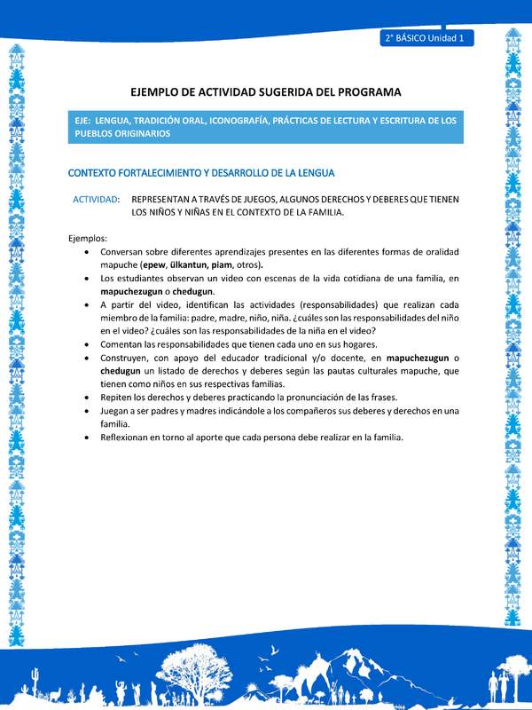 Actividad sugerida: LC02 - Mapuche - U1 - N°3: REPRESENTAN A TRAVÉS DE JUEGOS, ALGUNOS DERECHOS Y DEBERES QUE TIENEN LOS NIÑOS Y NIÑAS EN EL CONTEXTO DE LA FAMILIA.