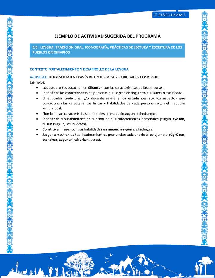 Actividad sugerida: LC02 - Mapuche - U2 - N°3: REPRESENTAN A TRAVÉS DE UN JUEGO SUS HABILIDADES COMO CHE.