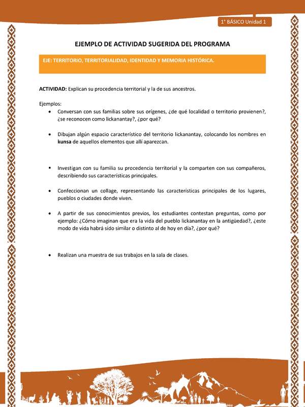 Actividad sugerida: LC01 - Lickanantay - U1 - N°5: EXPLICAN SU PROCEDENCIA TERRITORIAL Y LA DE SUS ANCESTROS