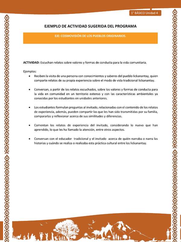 Actividad sugerida: LC01 - Lickanantay - U4 - N°4: ESCUCHAN RELATOS SOBRE VALORES Y FORMAS DE CONDUCTA PARA LA VIDA COMUNITARIA.