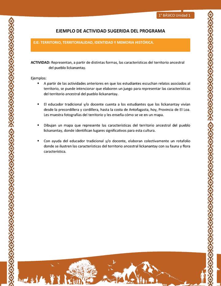 Actividad sugerida: LC01 - Lickanantay - U1 - N°6: REPRESENTAN, A PARTIR DE DISTINTAS FORMAS, LAS CARACTERÍSTICAS DEL TERRITORIO ANCESTRAL DEL PUEBLO LICKANANTAY.