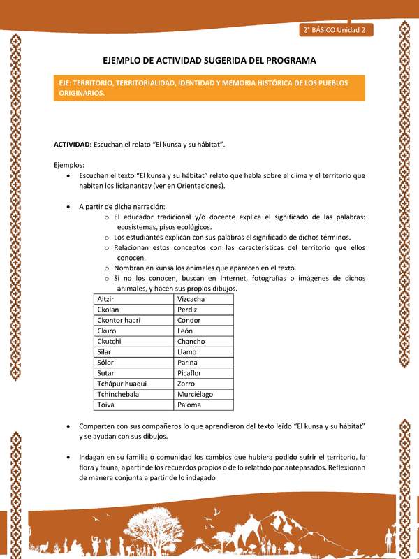 Actividad sugerida: LC02 - Lickanantay - U2 - N°4: ESCUCHAN EL RELATO “EL KUNSA Y SU HÁBITAT”.