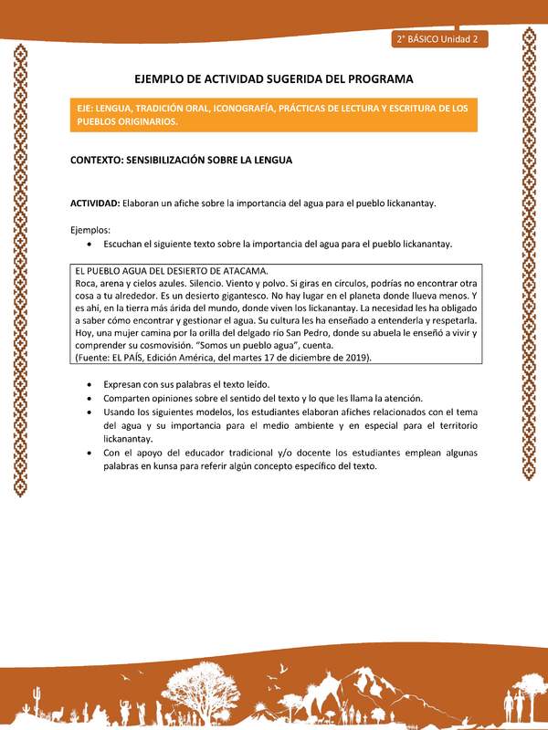 Actividad sugerida: LC02 - Lickanantay - U2 - N°2: ELABORAN UN AFICHE SOBRE LA IMPORTANCIA DEL AGUA PARA EL PUEBLO LICKANANTAY.